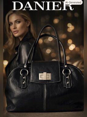 Danier Black Leather Y2K Satchel Handbag with Silver Turn-Lock Closure purse